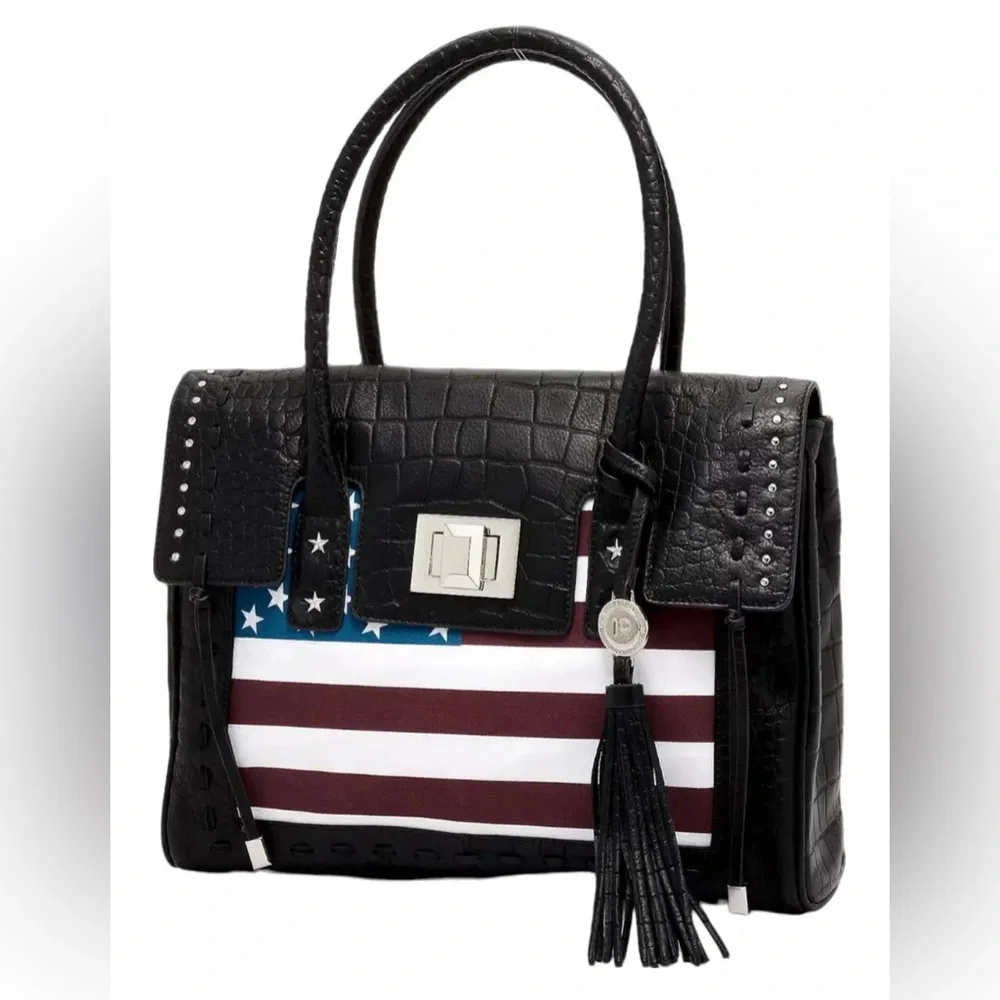 Aimee Kestenberg Washington Leather Tote - Croco Black Leather w/USA Flag - Picture 1 of 8
